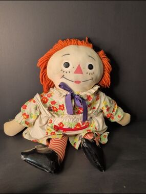 Vintage Raggedy Ann Doll with Orange Yarn Hair and Floral Dress